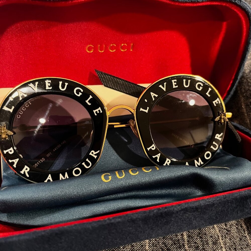 Gucci Round Frame Metal Sunglasses Black and Gold